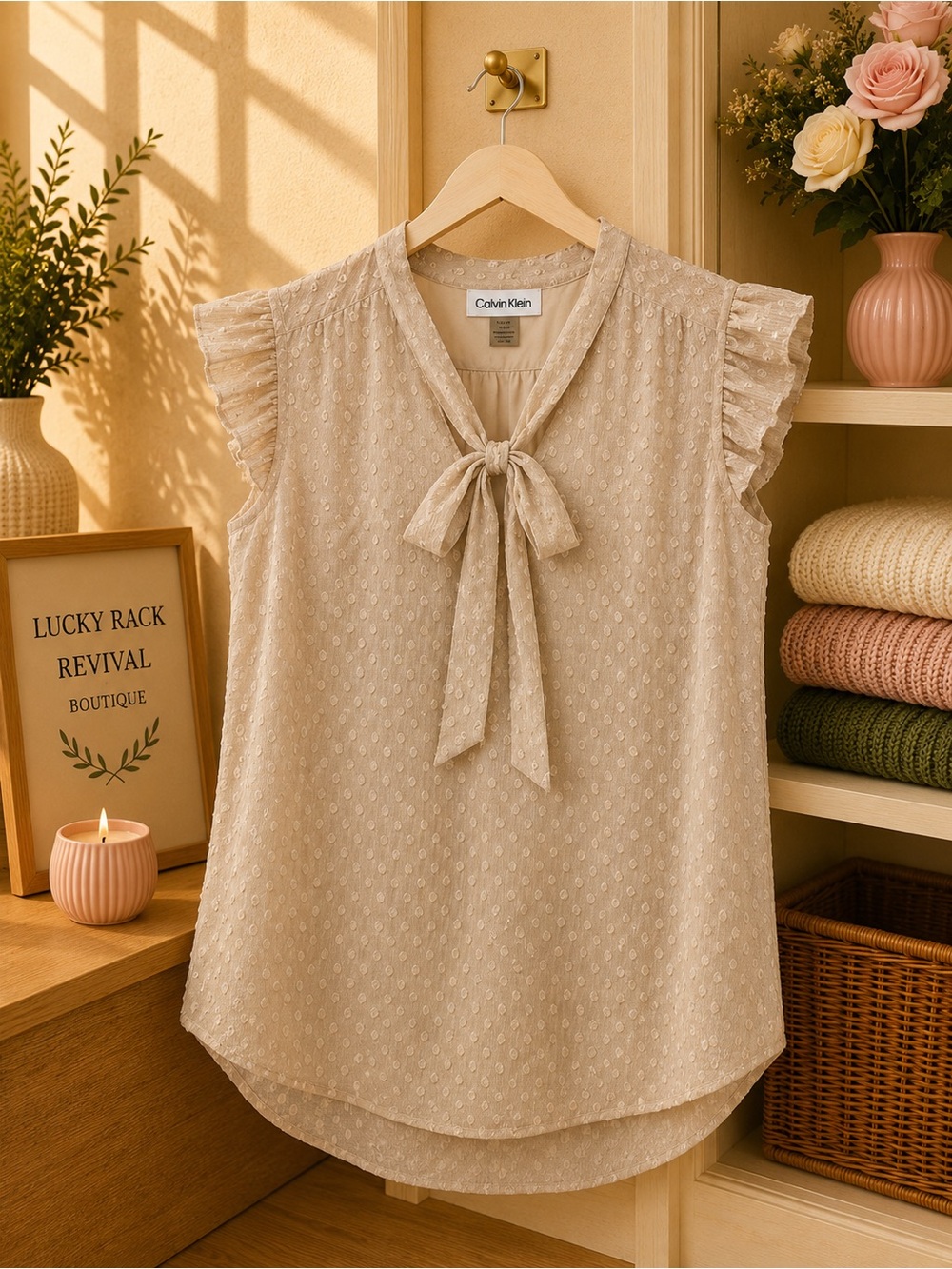 Calvin Klein Swiss Dot Tie Neck Blouse Cream Beige Large